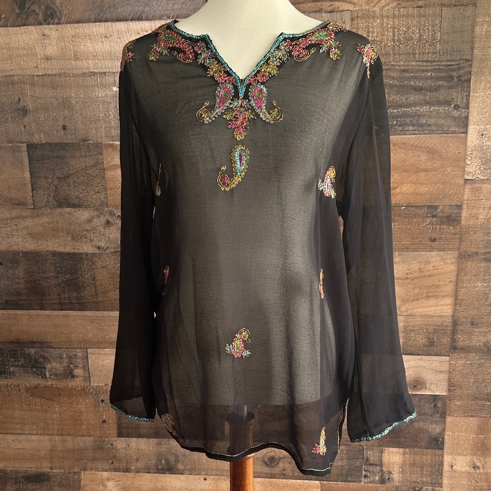 Elegant Black Sheer Blouse with Colorful Embroidery